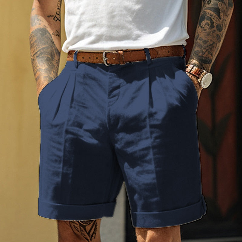 Blauwe heren geplooide shorts met omslag voor smart-casual stijlen