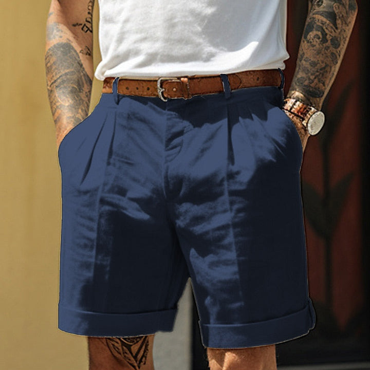 Blauwe heren geplooide shorts met omslag voor smart-casual stijlen