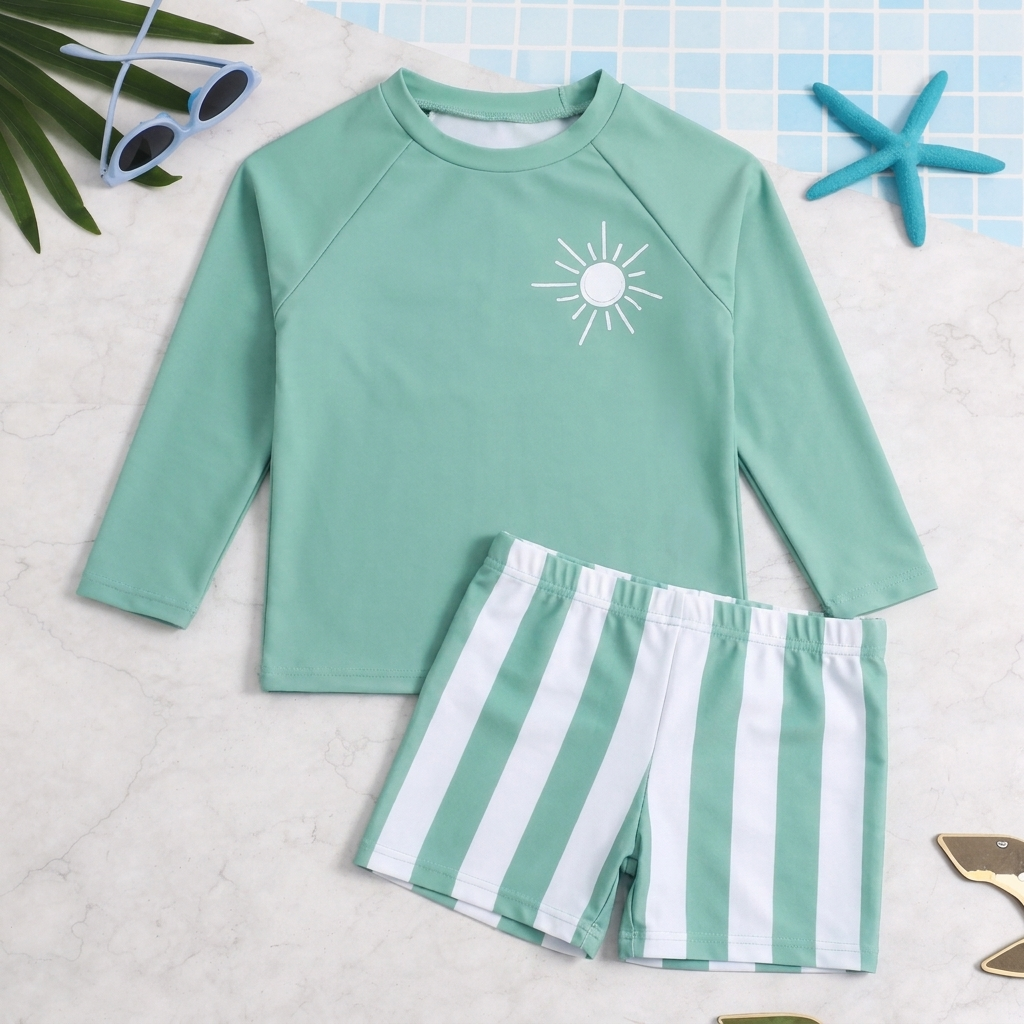 Comfortabele jongens zwemset: lange mouw shirt met UV-factor en gestreepte zwemshorts voor de zomer.
