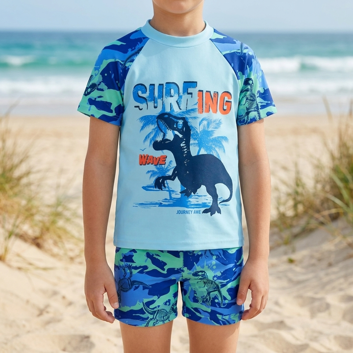 Jonge jongens zwemset met comfortabel T-shirt en shorts, ideaal voor zomerplezier.