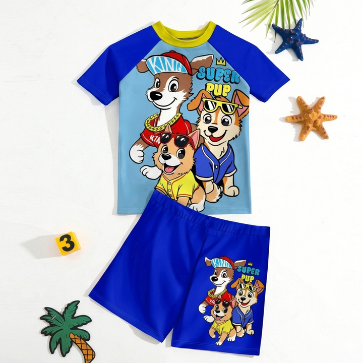 Nieuwe jongens zwemset New5: comfortabel T-shirt en shorts. Ideaal voor zomerplezier.