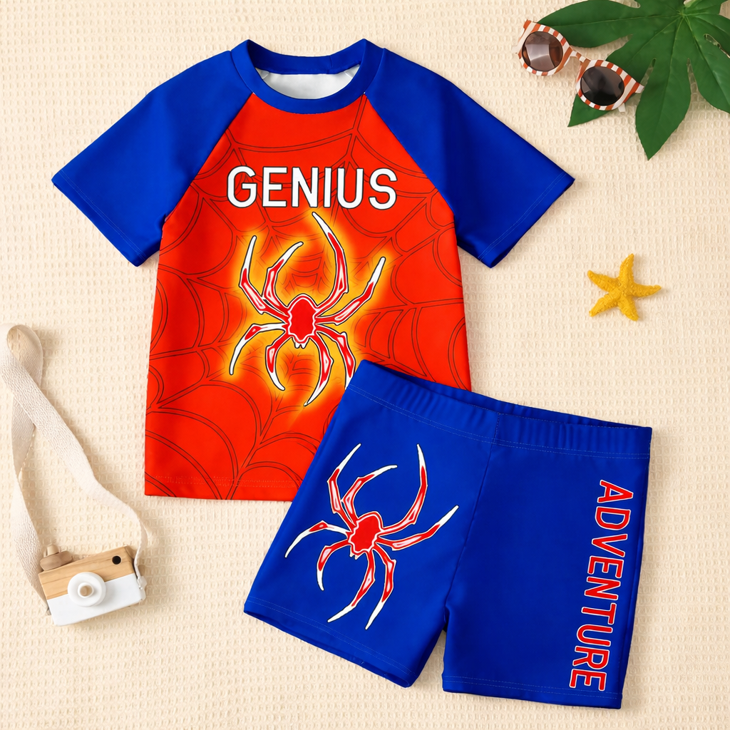 Stijlvol jongens T-shirt uit zwemset, gecombineerd met comfortabele zwemshorts voor de zomer.