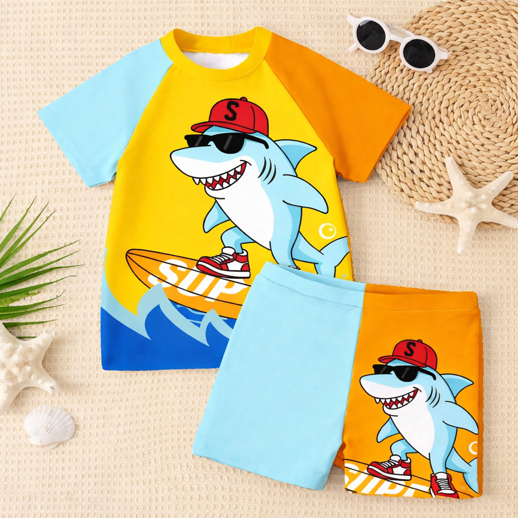 Zachte jongens zwemset: T-shirt & shorts. Perfecte kinderkleding voor strand of zwembad.