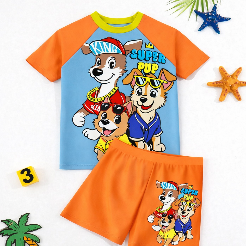 Strandklare jongens zwemset, bestaande uit een T-shirt en korte broek. Ideaal voor zomervakantie.