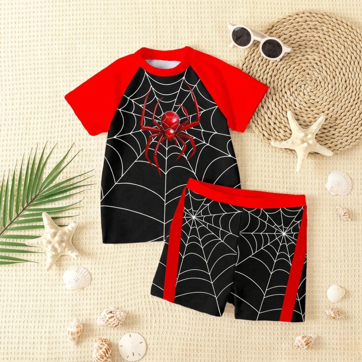 Complete 2-delige jongens zwemset: comfortabel T-shirt en shorts. Gemakkelijk aan en uit.