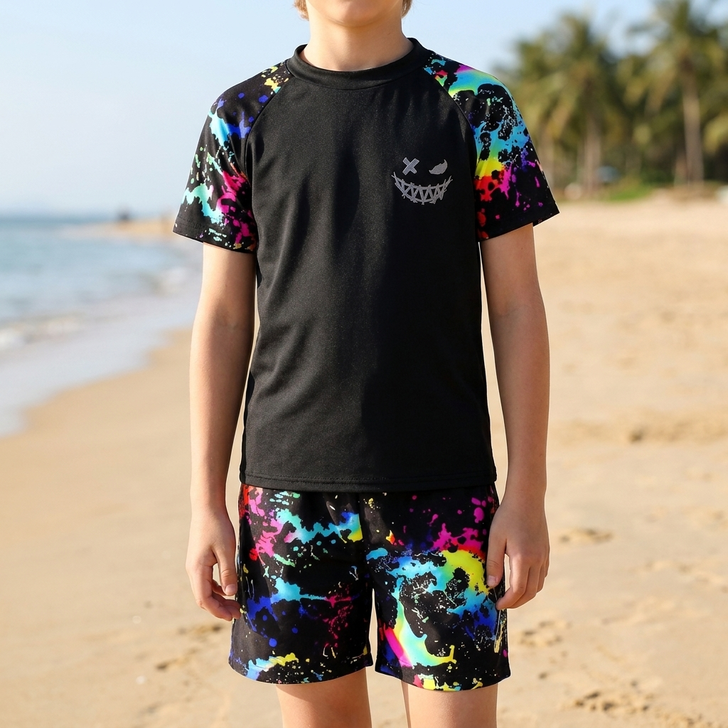 Jongen slim fit zwemset: comfortabel rekbaar t-shirt en zwemshort voor zomer waterplezier, ideaal voor strand en zwembad.