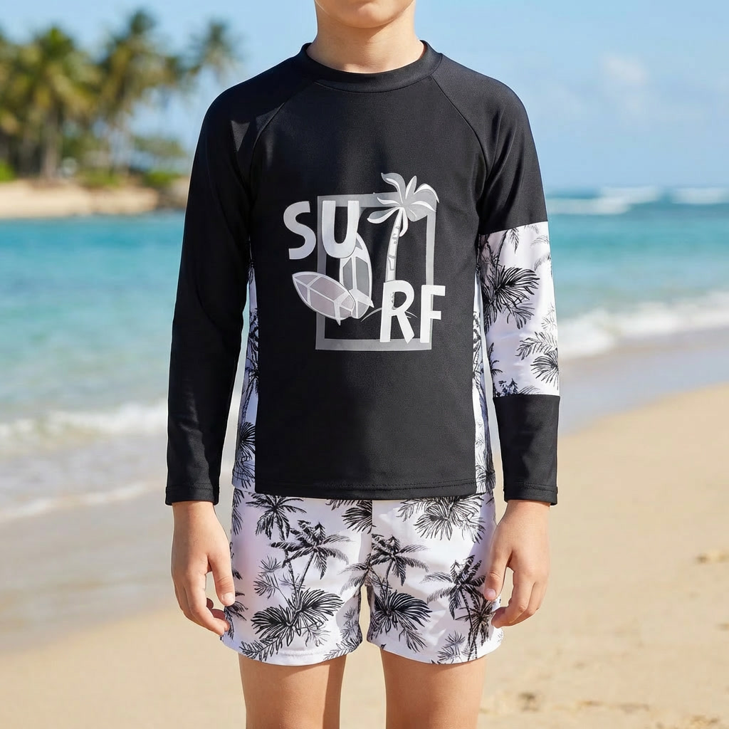 Jongen zwemset met UV-bescherming: blauwe rashguard & zwemshort voor waterplezier.