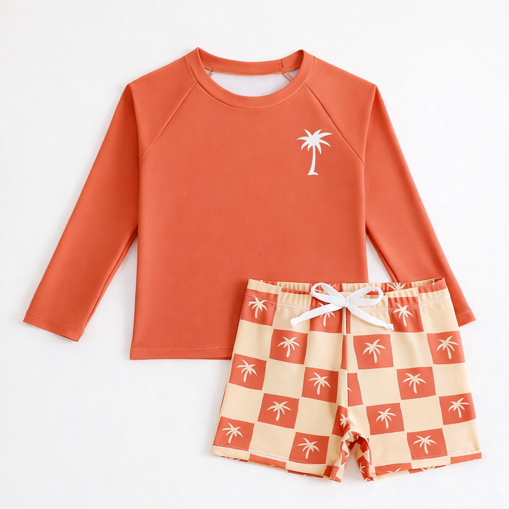 Elastische zwemset voor jongens met UV-bescherming, rashguard en zwemshort, voor actieve kids.