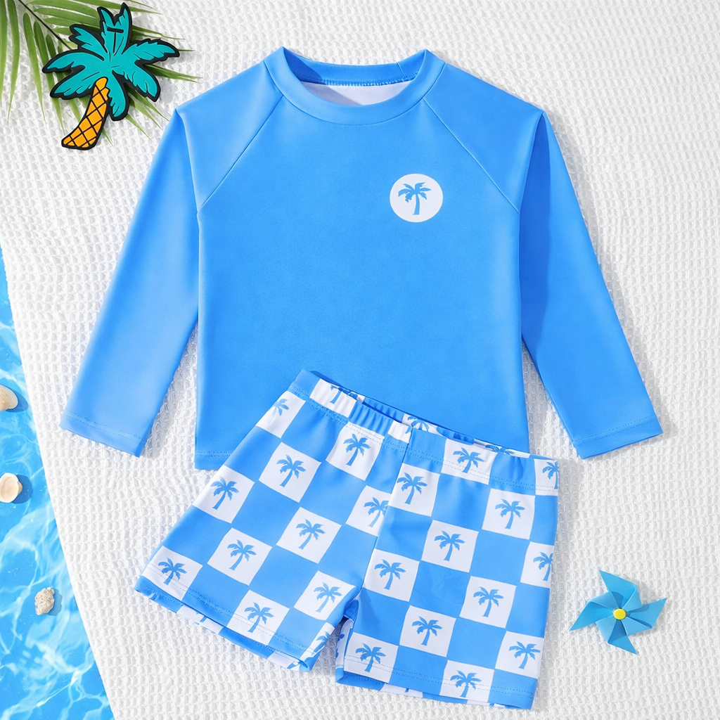 Actieve jongens zwemset: elastische rashguard en zwemshort voor onbeperkt bewegen.