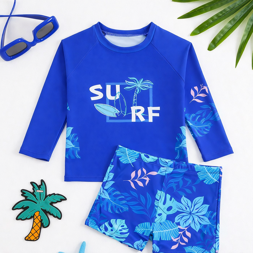 Jongen zwemset met comfortabele pasvorm, rashguard en zwemshort, ideaal voor zwemles.
