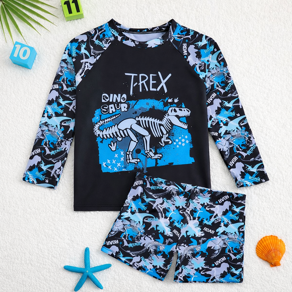 Jongen zwemset met lange mouwen rashguard en bijpassende zwemshort, UV-bestendig.