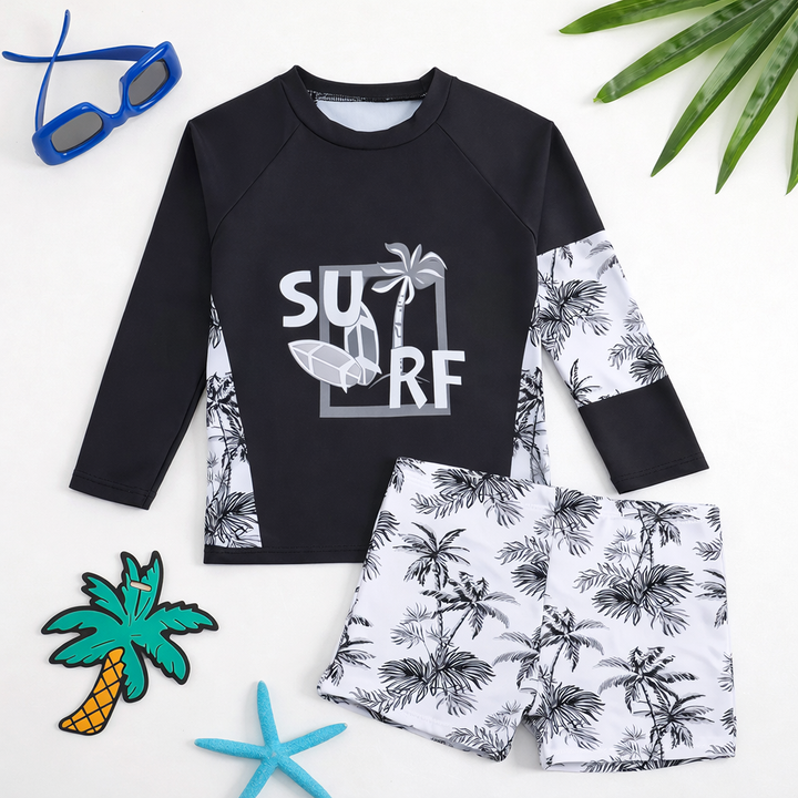 Zomerse jongen zwemset: comfortabele rashguard & zwemshort, perfect voor strandkleding.