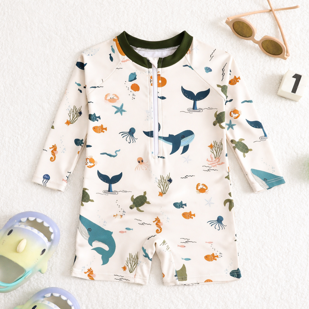 Jongens badpak met unieke zeedieren print, rits en mouwloos design; voor een actieve zomer.