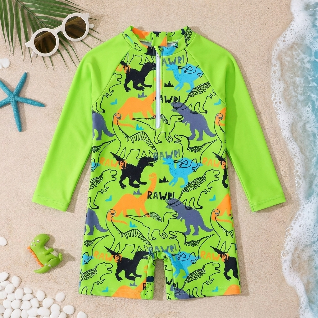 Stoer jongens badpak met cartoon zeedieren, rits en mouwloze pasvorm; ideaal voor zwemles.