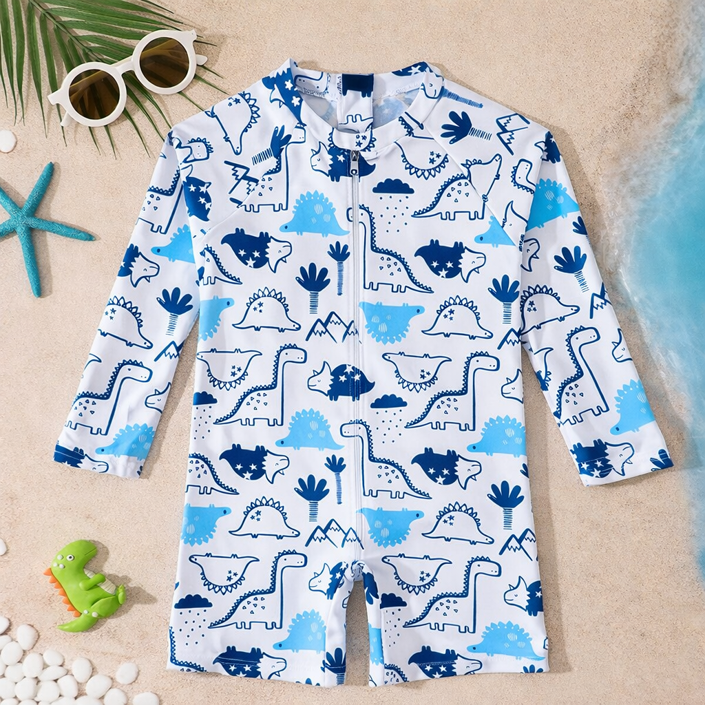 Duurzaam jongens badpak (Type New5) met heldere zeedieren print en praktische rits; zomer essentials.