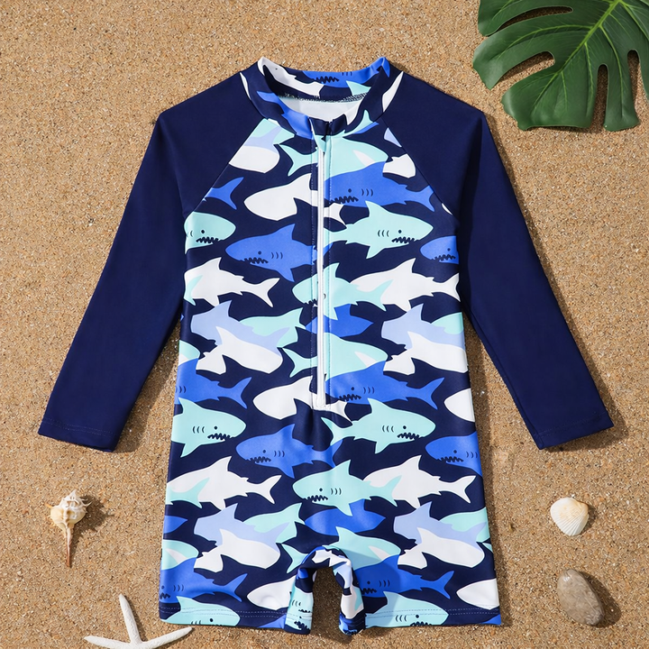 Kleurrijk jongens badpak met zeedieren print en rits voor eenvoudig aan- en uitkleden.