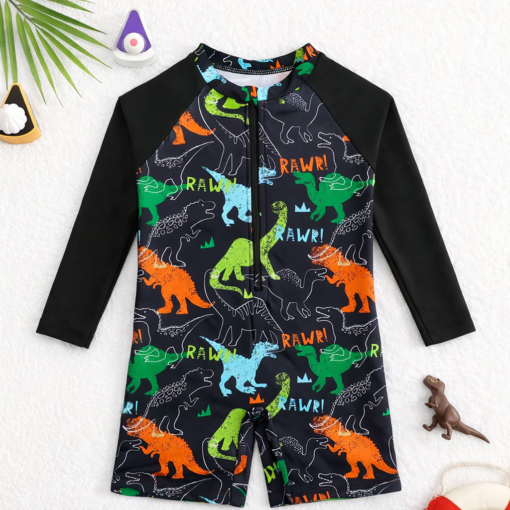 Ideaal jongens badpak voor stranddagen, met zeedieren en rits, comfortabele kinderzwemkleding.
