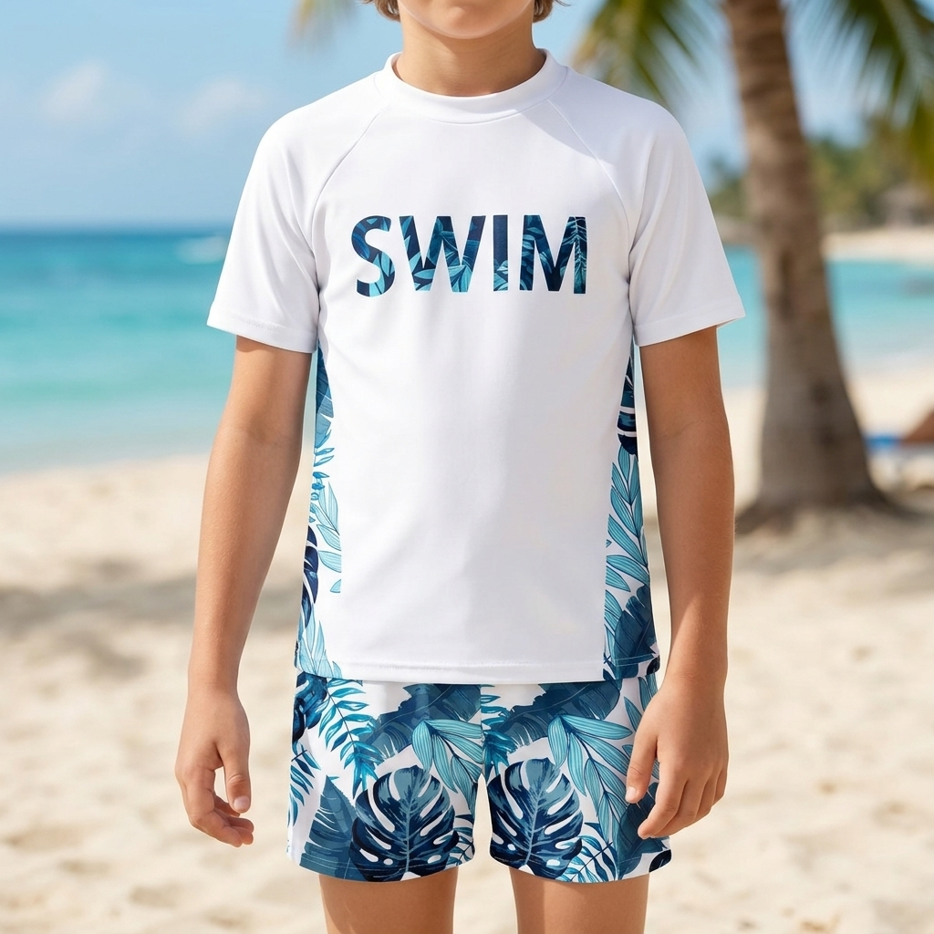 Jongens casual zwemset, blauw & meerkleurig. Ideaal voor strand, zwemmen en waterplezier. Comfortabel en stijlvol.