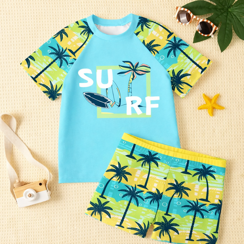 Sneldrogende kinder zwemkleding set voor jongens. Blauw zwemshirt en shorts, perfect voor actieve dagen in het water.