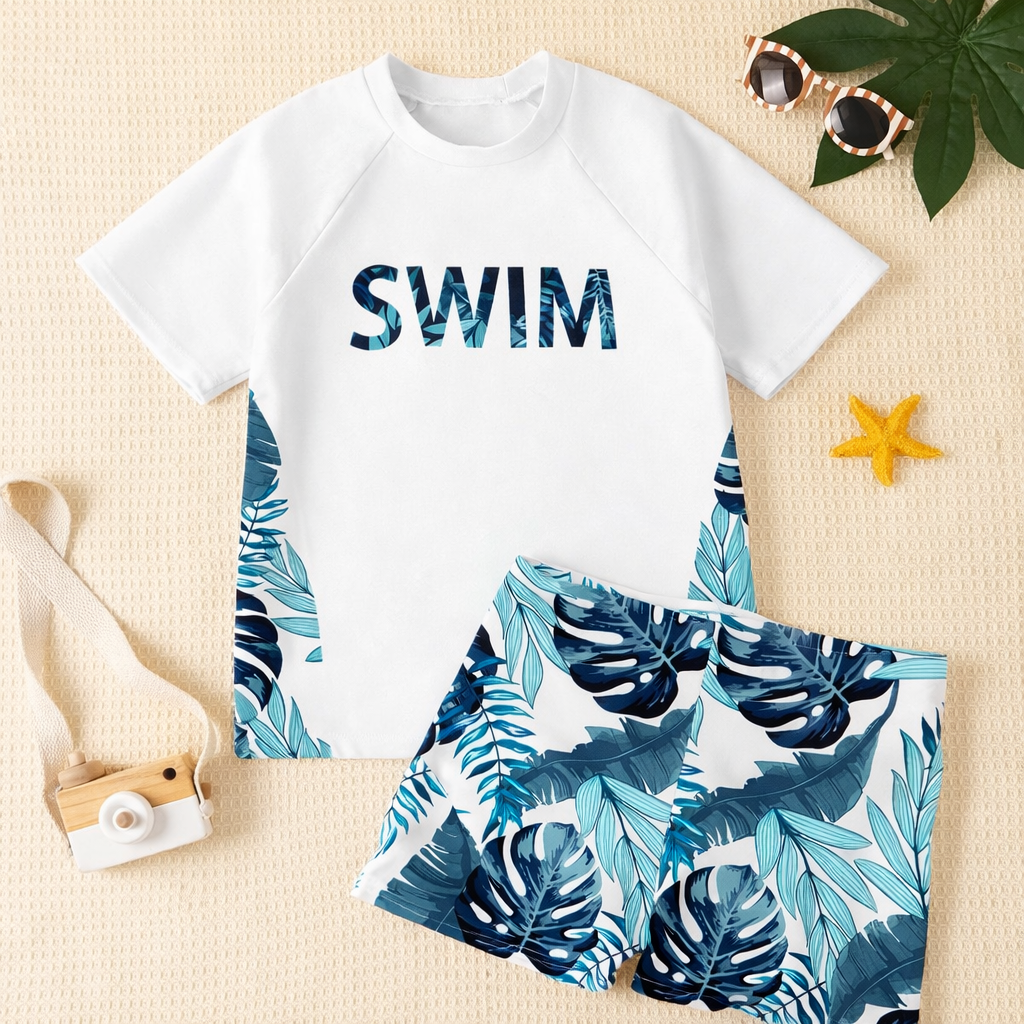 Casual jongens zwemshirt & zwemshorts, blauw/meerkleurig. Perfecte strandkleding voor comfortabel zwemmen.