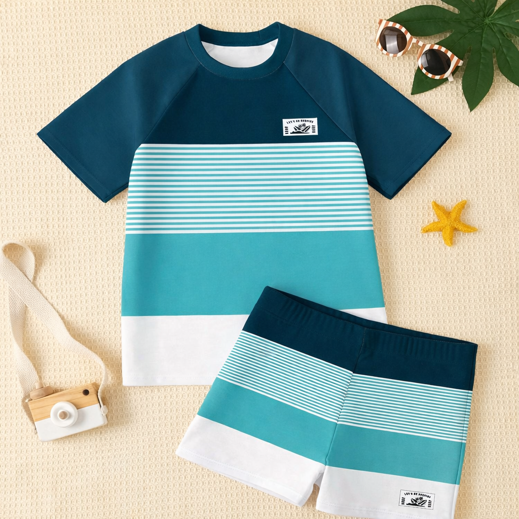 Blauw/meerkleurige jongens zwemset. Comfortabel casual zwemshirt en zwemshorts, ideaal voor de zomervakantie.