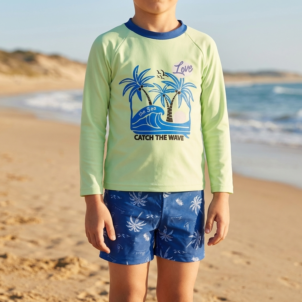 Jongens tropische zwemset: multicolor rash guard & zwemshort voor UV bescherming op strand en vakantie.