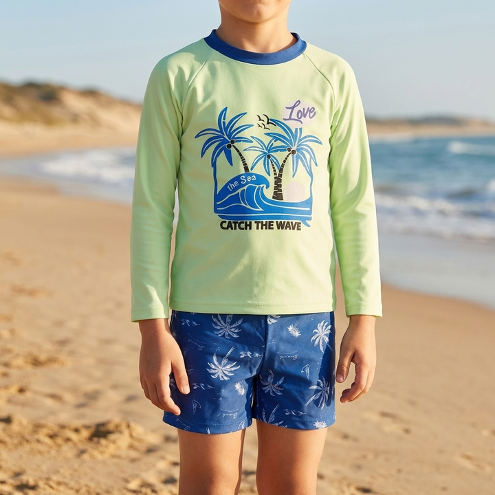 Jongens tropische zwemset: multicolor rash guard & zwemshort voor UV bescherming op strand en vakantie.