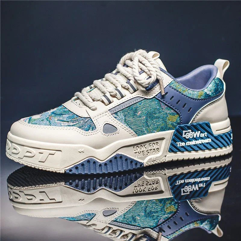 Zijaanzicht van de blauwe Jules casual olieverf sneakers voor heren met dikke zool