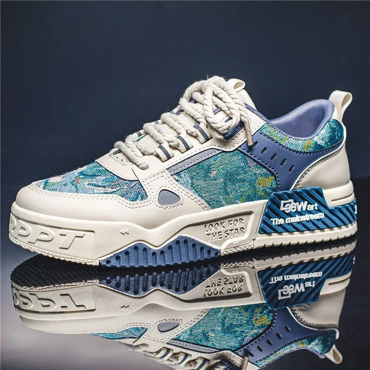 Zijaanzicht van de blauwe Jules casual olieverf sneakers voor heren met dikke zool
