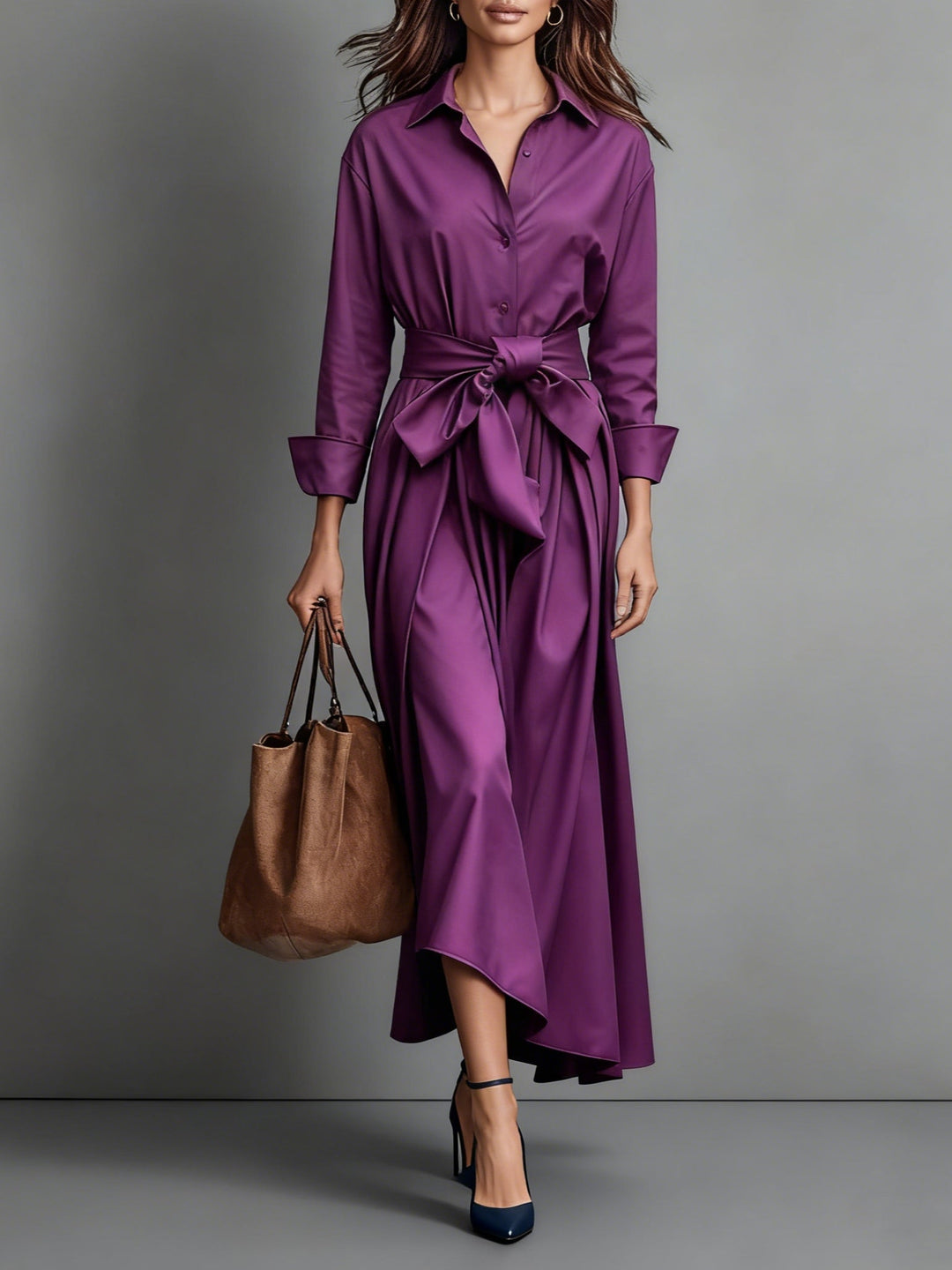 Stijlvolle dames riemjurk, een veelzijdige midi overhemdjurk die elegantie combineert met dagelijks comfort.