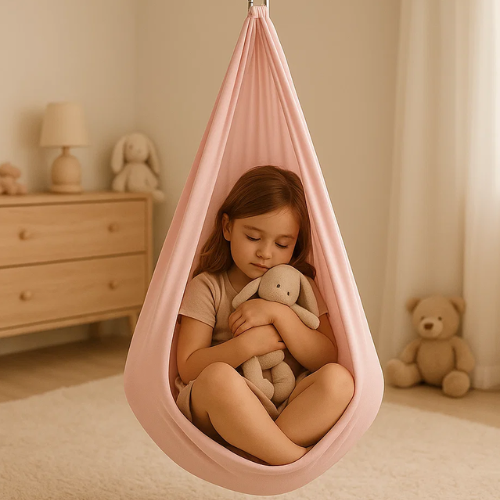 Katoenen sensorische therapie schommel voor kinderen, ideaal voor ontspanning en therapeutische beweging binnenshuis.
