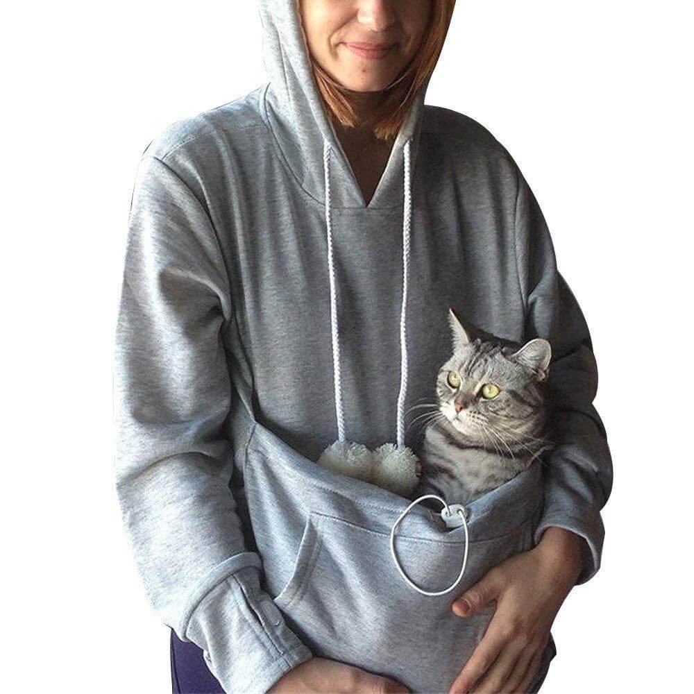 Zwarte, comfortabele kattenhoodie met zachte stof en veilige buidelzak voor huisdieren. Huisdierenaccessoire.