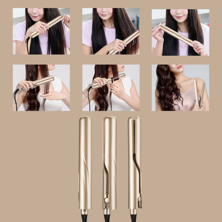Close-up van de keramische platen van de KaysHair I 2-in-1 haarstyler, voor zacht en glanzend haar.