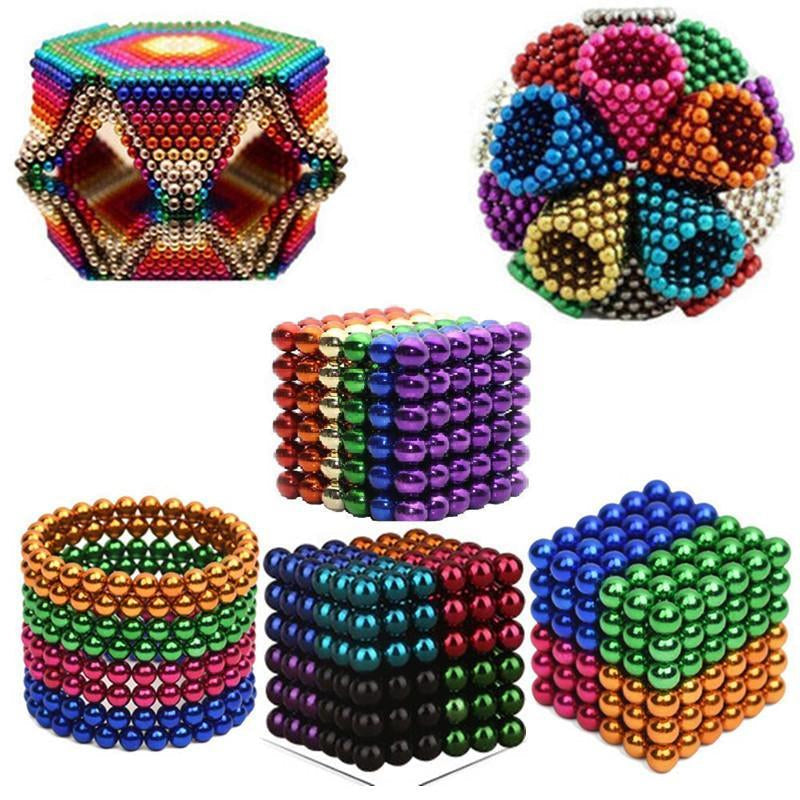 Diverse creatieve vormen en structuren gemaakt met magneetballen, inspirerend magnetisch speelgoed voor kinderen.