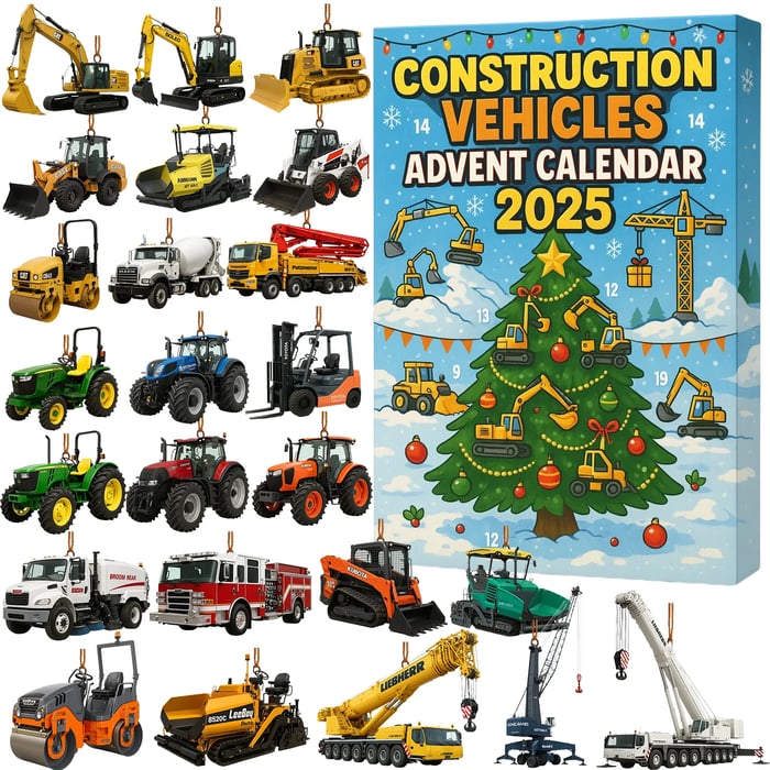 Kinder adventskalender 2025 met 24 miniatuur bouwvoertuigen voor dagelijks speelplezier en een spannend aftelmoment tot Kerst.