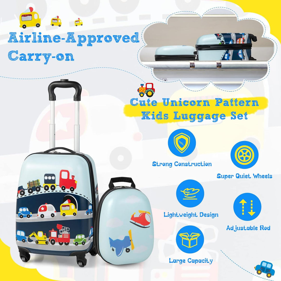 Complete kinderbagageset: harde helikopter koffer en rugzak voor reizen, inclusief 360° zwenkwielen.
