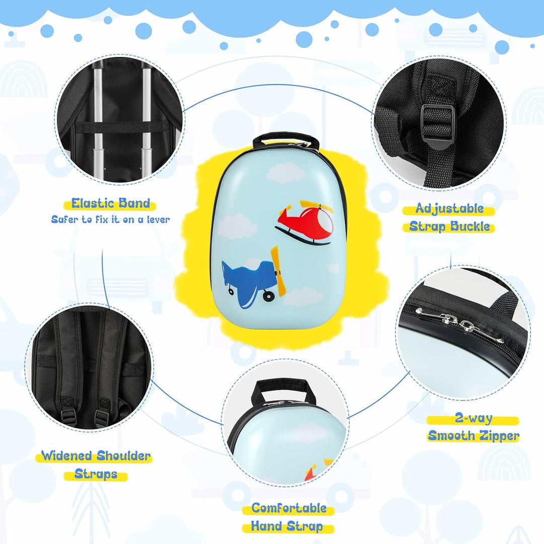 Ideale kinder reisset voor de vakantie: harde koffer en rugzak met helikopterdesign en wendbare 360° wielen.