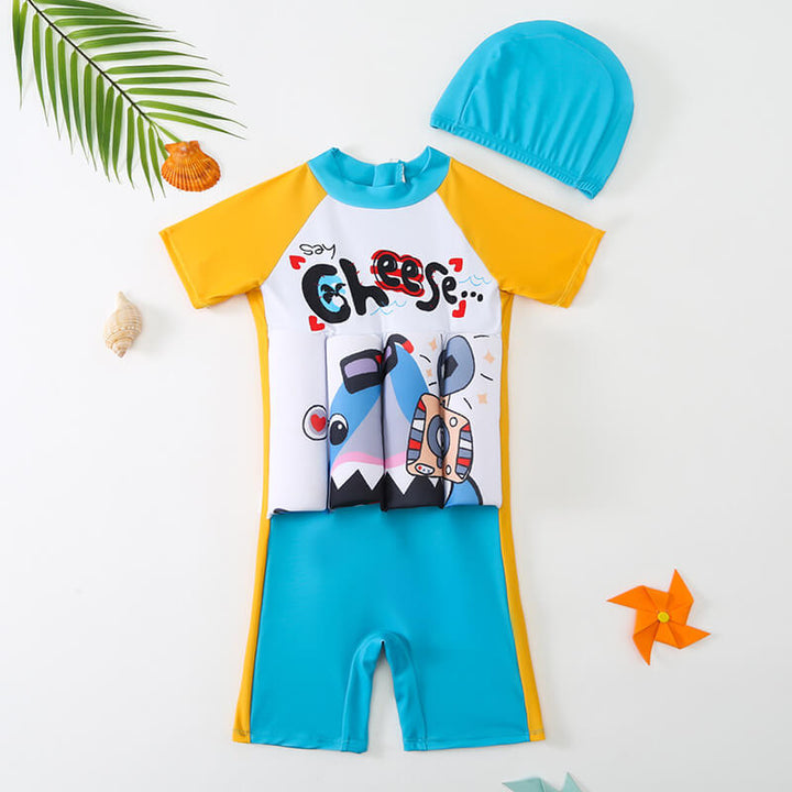 Zijaanzicht van een modern kinder zwemvest, toont het drijfvermogen en de ergonomische pasvorm.