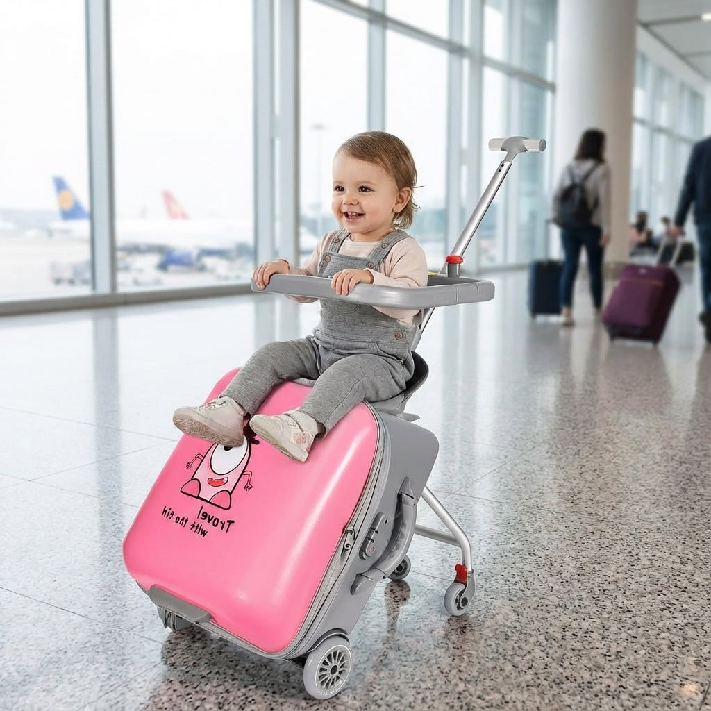 Kinderhandbagage met zitje voor veilig en comfortabel reizen, ideaal voor familievakanties.