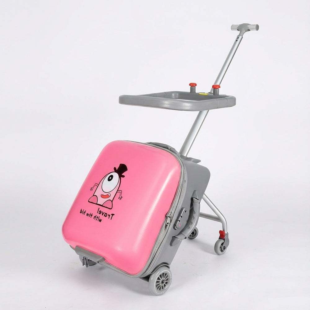 Uitbreidbare WheeleyKid kinderkoffer met handig zitje, perfect voor jonge reizigers.