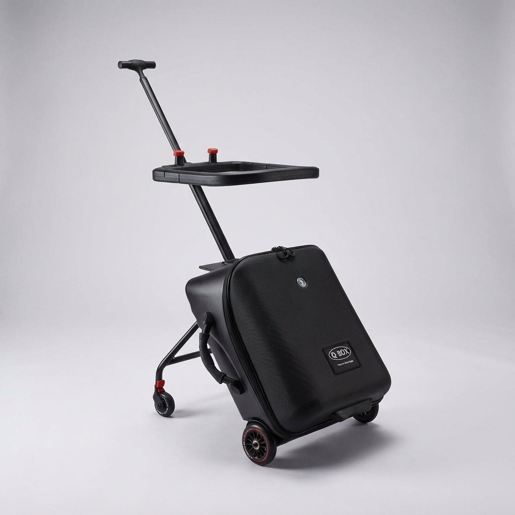 Trolley koffer met kinderzitje, gemakkelijk te trekken, uitbreidbaar voor extra bagage.