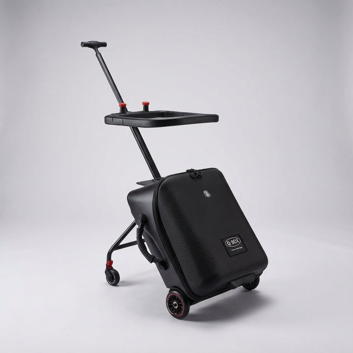 Trolley koffer met kinderzitje, gemakkelijk te trekken, uitbreidbaar voor extra bagage.