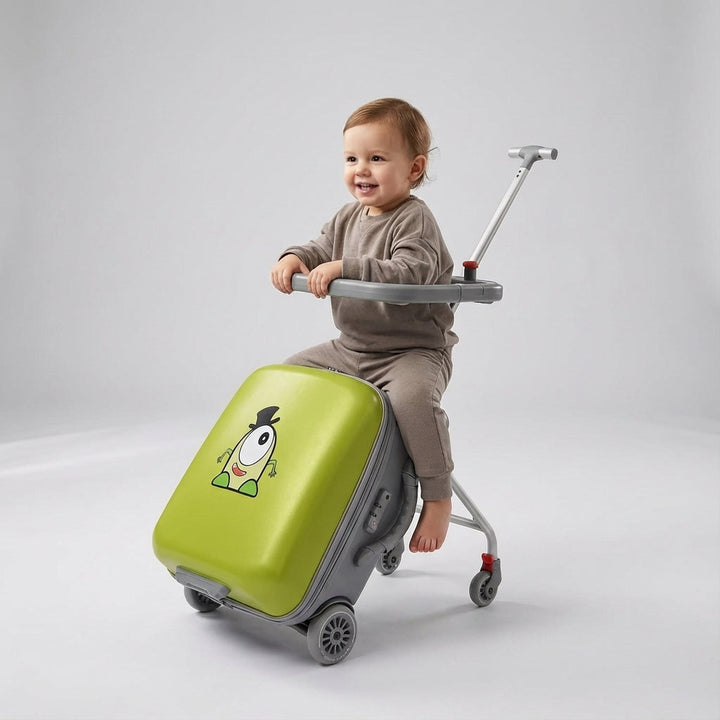 Compacte kindertrolley met opklapbaar zitje, ideaal als bagage voor vliegvakanties en roadtrips.