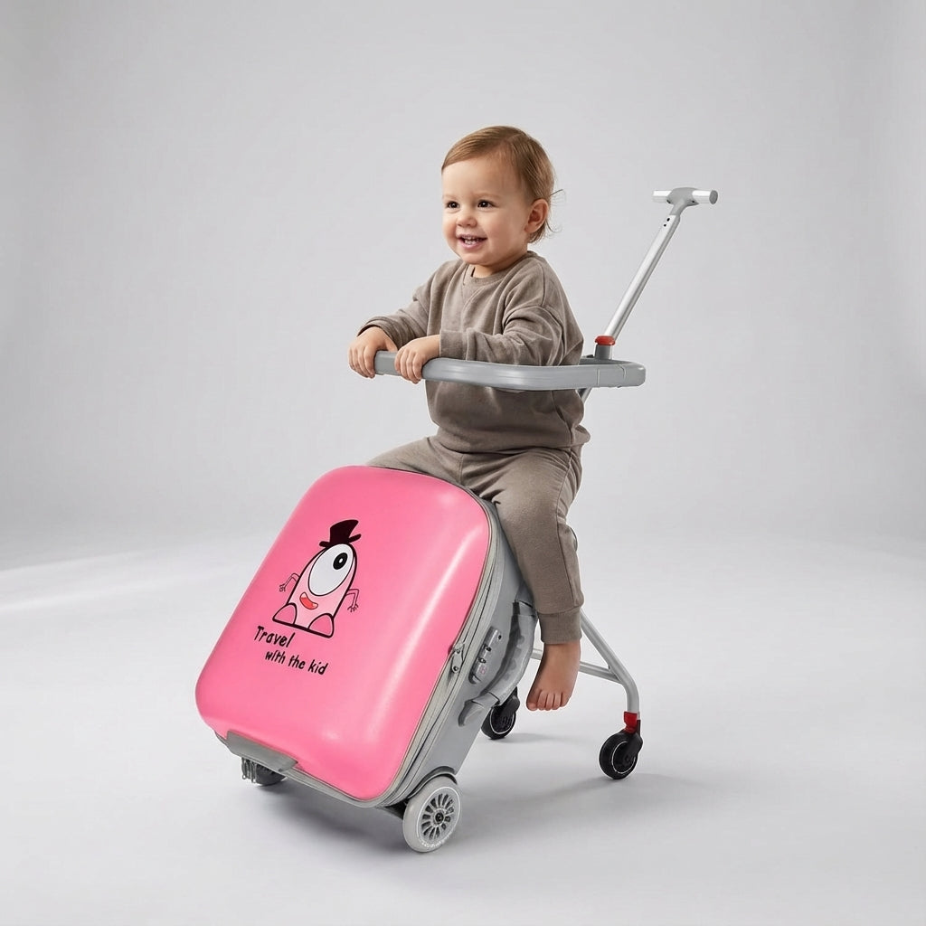 WheeleyKid reiskoffer met veilig kinderzitje, uitbreidbaar design voor alle avonturen van je kind.