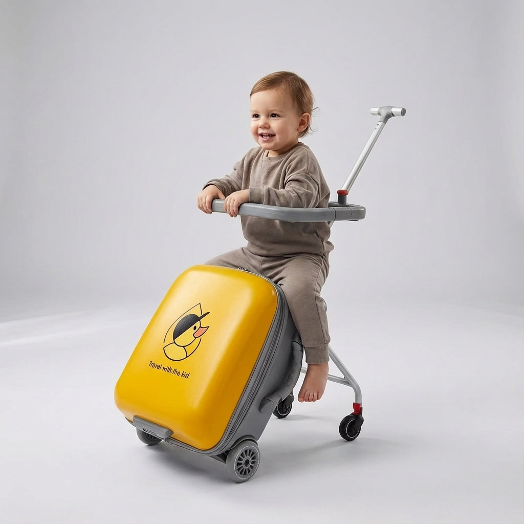 Praktische familievakantie koffer met zitje voor kind, zorgt voor een ontspannen reiservaring.