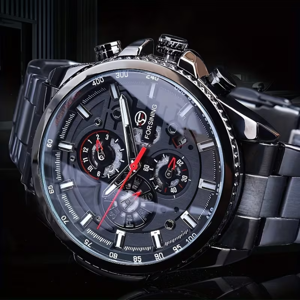 Klassiek mechanisch herenhorloge met automatische uurwerk en kalenderfunctie, zilverkleurige kast, zwarte wijzerplaat.