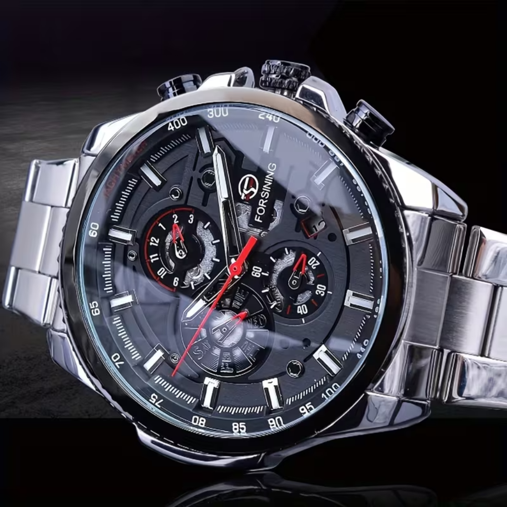 Stijlvol heren polshorloge, zilveren kast met zwarte wijzerplaat en mechanisch kalender uurwerk. Perfect accessoire.