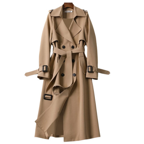 Klassieke dames trenchcoat met dubbele knopen; een elegante, getailleerde lente- of herfstjas.