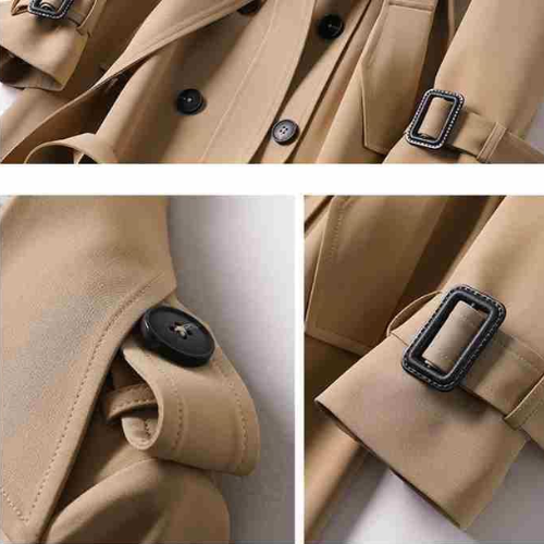 Modieuze, getailleerde dames trenchcoat met dubbele knopen. Ideaal als klassieke tussenjas.