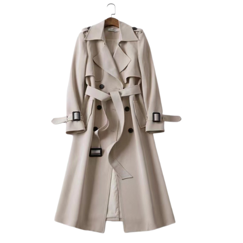Modieus ontworpen dames trenchcoat met dubbele knopen; een getailleerde en stijlvolle lente- en herfstjas.
